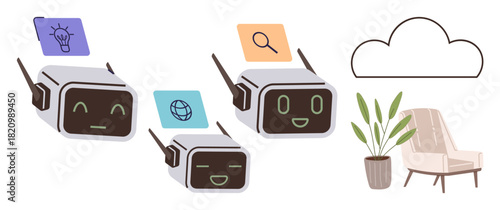 Group of smiling AI robots with icons for ideas, search, and global connectivity near a chair, plant, and cloud backdrop. Ideal for technology, AI, teamwork, innovation research comfort online