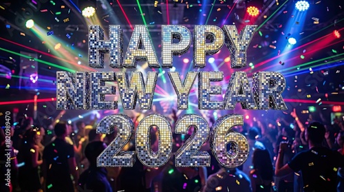 Celebrate happy new year 2026 with confetti and bright lights