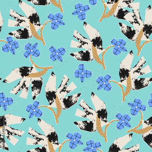 Seamless naive-style vector pattern with abstract birds holding geometric blue flowers. Rough textures, cut-out shapes, and playful retro vibes