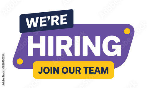 A graphic design element displays the text 'WE'RE HIRING' above 'JOIN OUR TEAM' in bold white and yellow lettering on a purple background, indicating a recruitment effort.