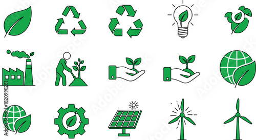 Green Eco Icons for Sustainability Recycling and Nature Conservation leaf recycling symbol
