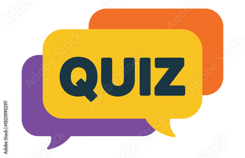 The word "QUIZ" is prominently displayed in dark blue capital letters on a vibrant yellow speech bubble, layered over overlapping purple and orange speech bubbles, suggesting a conversational or