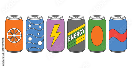 A row of six colorful soda cans, each with unique designs and patterns, are lined up against a white background.