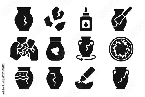Pottery Reconstruction Icons. Solid style icons of Pottery Reconstruction: cracked vase, pottery shards, restoration glue, brush