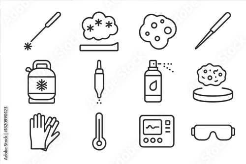 Cryosurgery Line Icons. Line style icons of cryosurgery procedure: medical probe, frozen tissue, tumor, precision; liquid nitrogen