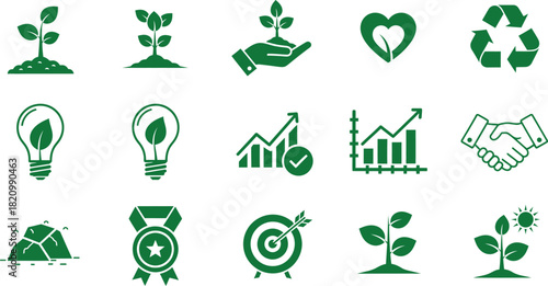 Green Eco Icons Plant Light Bulb Graph Handshake Rock Medal Target seedling sprout