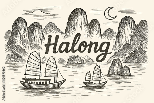 Drawing of a boat with the word Halong written in cursive