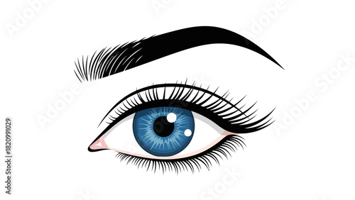 A closeup illustration of a bright blue human eye with black lashes and eyebrow