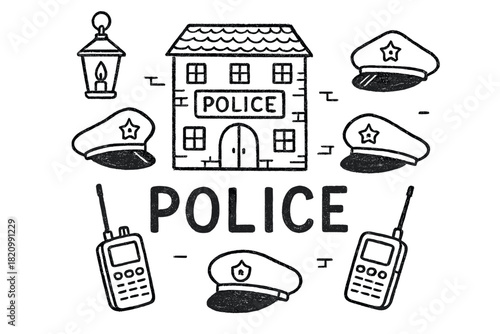 Drawing of police officers and a police building