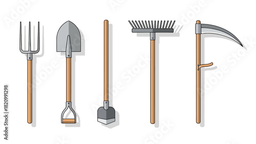 A collection of gardening tools including a pitchfork shovel hoe rake and scythe