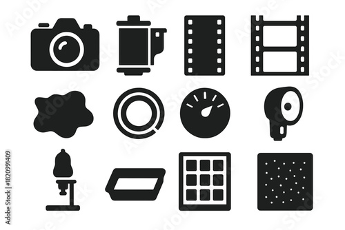 Film Photography Icons. Solid style icons of film and analog photography: film camera, film canister, photo negative, film strip,
