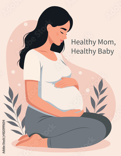 Vector illustration, pregnant woman kneeling and tenderly hugging her belly. Maternal bonding, prenatal care, self-care, mindfulness. Warm palette. Poster for women's and children's health projects