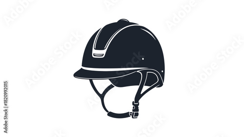 A dark blue equestrian helmet with a brim and straps