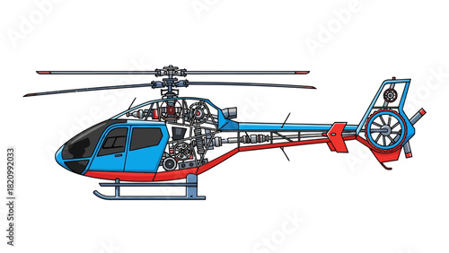 A cutaway illustration of a blue and red helicopter with exposed internal mechanisms
