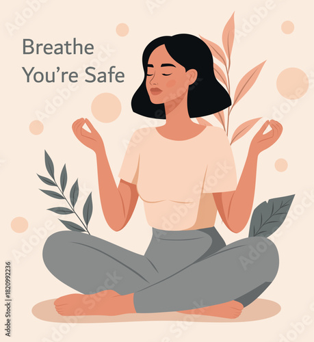 Vector illustration of a woman meditating in a yoga lotus position, hands folded in a mudra. A soft, warm background, leaves, abstract. Poster for medical projects, mindfulness, women's mental health