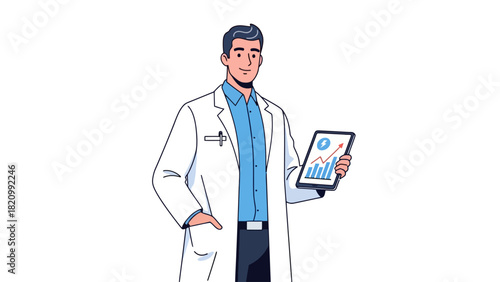 A doctor in a white lab coat holds a tablet displaying a financial graph