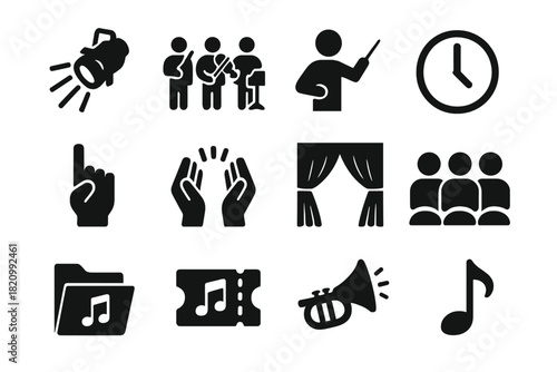 Music Performance Icons. Solid style icons of Music performance and rehearsal: stage spotlight, ensemble group, conductor gesture,