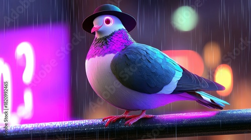 Fototapeta Naklejka Na Ścianę i Meble -  A stylized pigeon wearing a small black hat sits on a railing in a city at night. Neon lights and rain create a vibrant, moody atmosphere.
