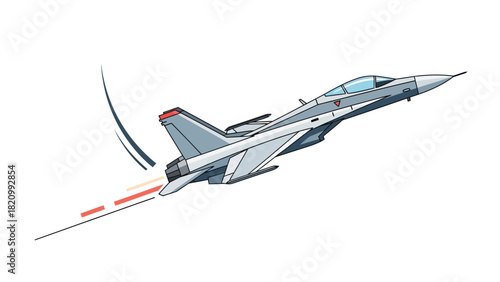 A fighter jet ascends sharply with exhaust trails and motion lines