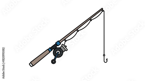 A fishing rod with a reel and hook is depicted