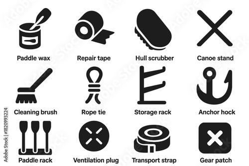 Canoe Maintenance Icons. Solid style icons of Canoe Maintenance: paddle wax, repair tape, hull scrubber, canoe stand, cleaning