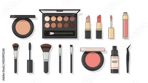 A flat design collection of makeup items on a white background