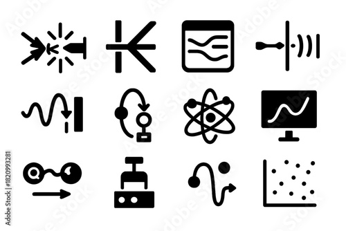 Quantum Experiment Icons. Solid style icons of Quantum Experiments: particle collision, beam splitter, cloud chamber, double slit