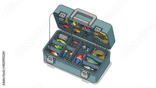 A fishing tackle box is open revealing organized compartments filled with lures and tackle