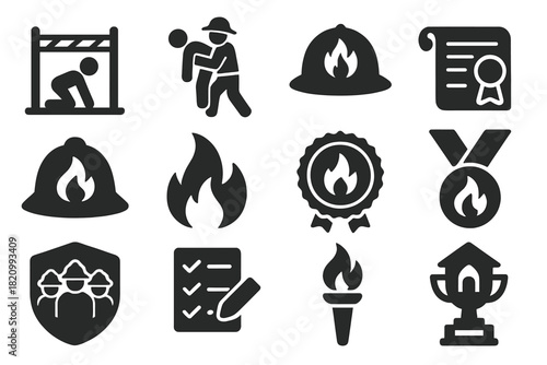 Firefighter Training Icons. Solid style icons of Firefighter training and recognition: obstacle course, dummy rescue, fire academy