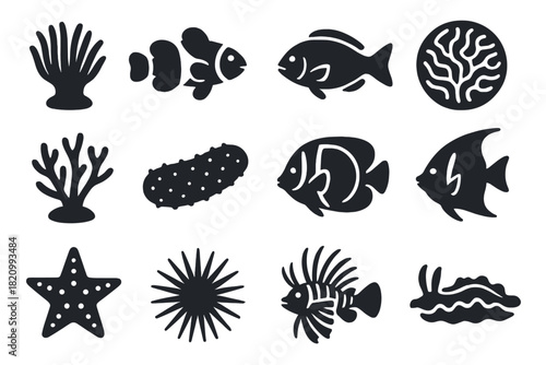 Coral Reef Icons. Solid style icons of Coral reef biodiversity: sea anemone, clownfish, parrotfish, brain coral, staghorn coral,