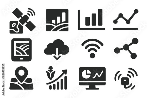 Agricultural Data Icons. Solid style icons of Agricultural data: satellite map, field chart, bar graph, line graph, tablet device,