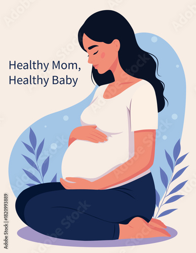 Vector illustration, pregnant woman kneeling and tenderly hugging her belly. Maternal bonding, prenatal care, self-care, mindfulness. Soft palette. Poster for women's and children's health projects