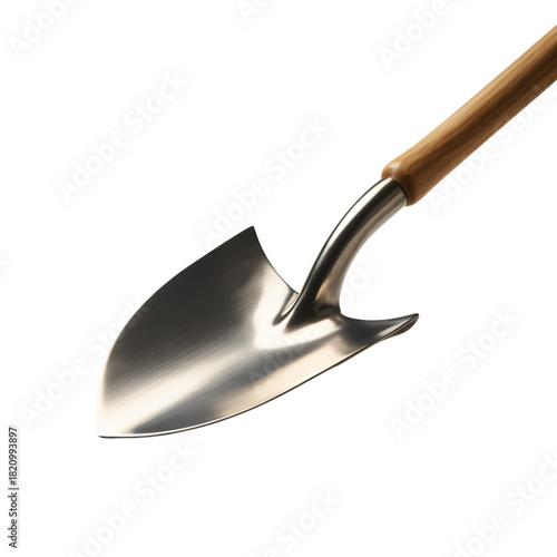 Illustration of gardening trowel with wooden handle, isolated on transparent background
