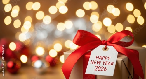 Gift box with happy new year 2026 tag and festive lights