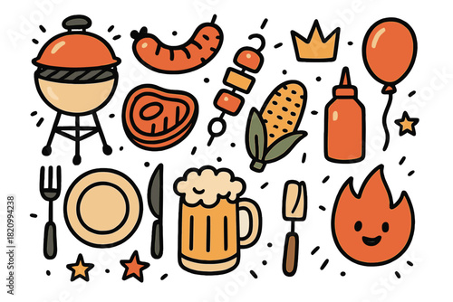 Cartoon drawing of food items such as hot dogs, corn, and a hot dog bun