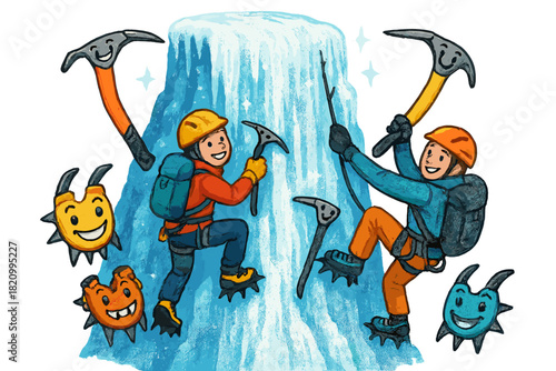 Whimsical Ice Climbing Adventure. Technical ice climb with smiling ice axes, grinning crampons, and climbers scaling a glittering