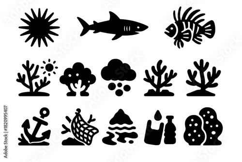 Reef Threat Icons. Solid style icons of Reef predators and threats: crown-of-thorns starfish, reef shark, invasive lionfish, coral