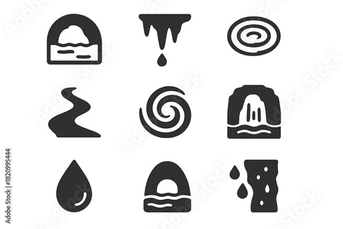 Underground Water Icons. Solid style icons of underground water systems: Subterranean lake, dripping stalactite, ripple surface,