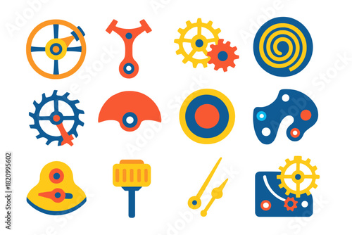 Bold Watch Mechanism Icons. Flat vector icons of mechanical watch movements: balance wheel, pallet fork, gear train, mainspring