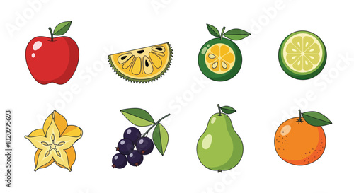 Assortment of colorful fruits apple orange pear lemon and more on white