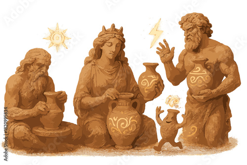 Ancient Gods Crafting. Clay mythology scene with ancient gods shaping vessels, glowing symbols, and pottery coming alive No text,