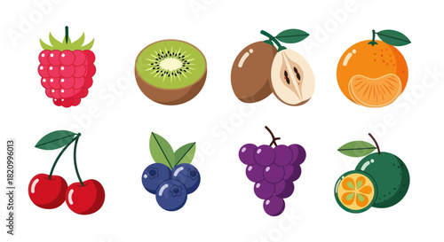 Assortment of colorful fruits raspberry kiwi and grapes on white background