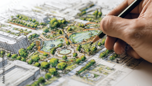 A hand is sketching a detailed aerial view of a park or garden with buildings, trees, and water features, suggesting a landscape architecture or urban planning project in progress.