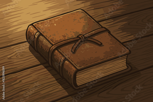 Vintage Leather Book. Rustic leather-bound book resting on a textured wooden surface, illuminated by soft warm vector illustration