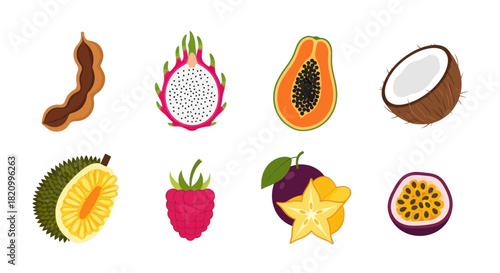 Assortment of exotic tropical fruits isolated on white background