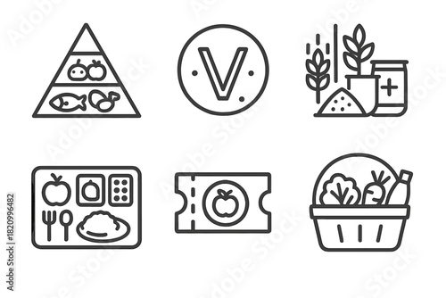 Nutrition Icons Collection. Line style icons of Nutrition and Access: food pyramid, vitamin symbol, fortified grains, school meal
