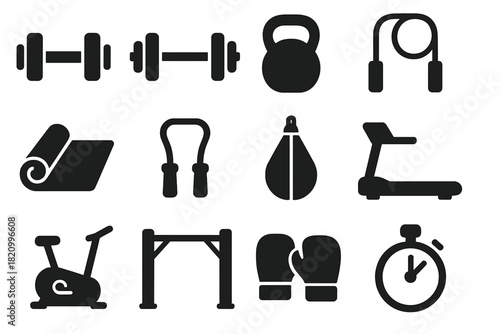 Solid Fitness Icons. Solid style icons of Fitness gear: dumbbell, barbell, kettlebell, jump rope, yoga mat, resistance band,