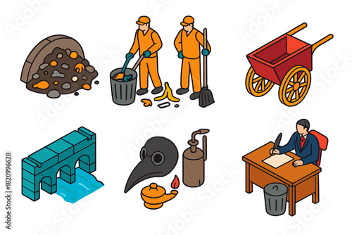 History of Waste Management. Isometric vector illustration set History of waste management: ancient refuse heaps, sanitation