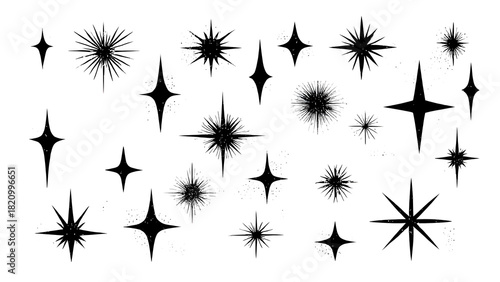 ia generated. Collection of black stars with different shapes and points, illustrated in a graphic style and isolated for decorative or design use.