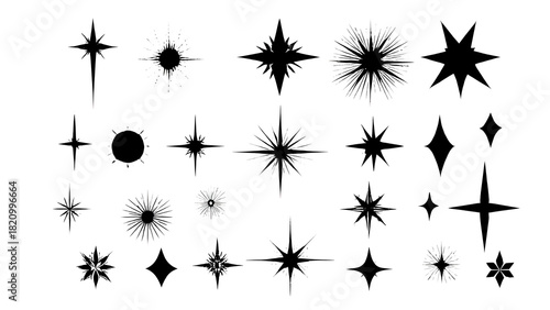 ia generated. Collection of black stars with different shapes and points, illustrated in a graphic style and isolated for decorative or design use.
